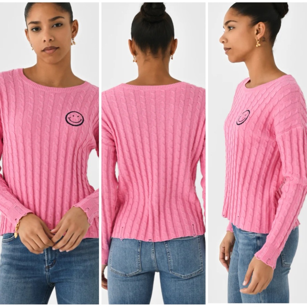 J. Society Distressed Cable Varsity Smiley Crew Sweater Small Pink - Picture 1 of 6